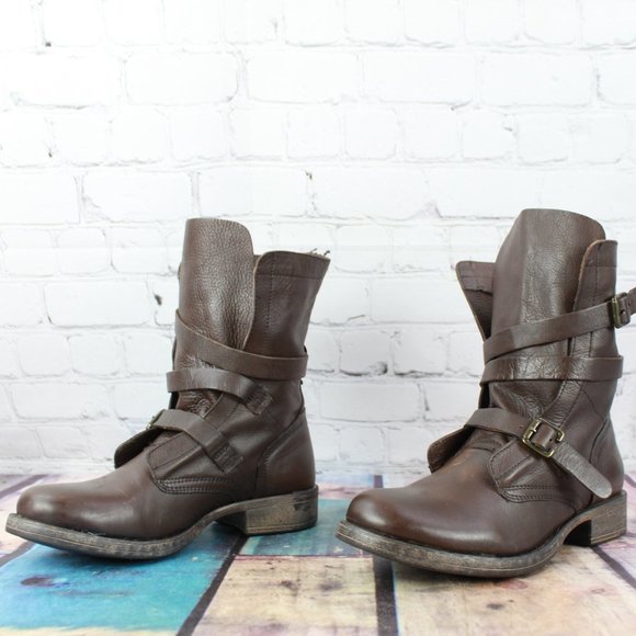 Diba True Brown Leather Triple Buckle Mid Calf Moto Boots Size 6.5 - Picture 2 of 9